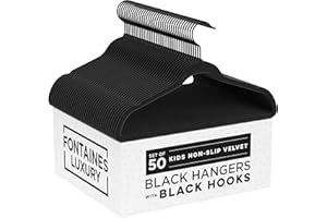 FONTAINES LUXURY GOODS Fontaines Luxury Kid's Black Velvet Felt Non Slip Clothes Hangers 50 Pack - Ultra Slim & Space Saving - Heavy Duty Swivel Black Hook for Children's Clothing, Shirt, Dress, Skirt & Pants Organization