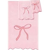 Fanfanwin 3 Pcs Pink Bow Bathroom Towel Set Scalloped Fingertip Towels Decorative Coquette Towel Set Embroidery 100% Cotton Bath Hand Towels Absorbent Soft Preppy Bath Decor for Kitchen Bathroom