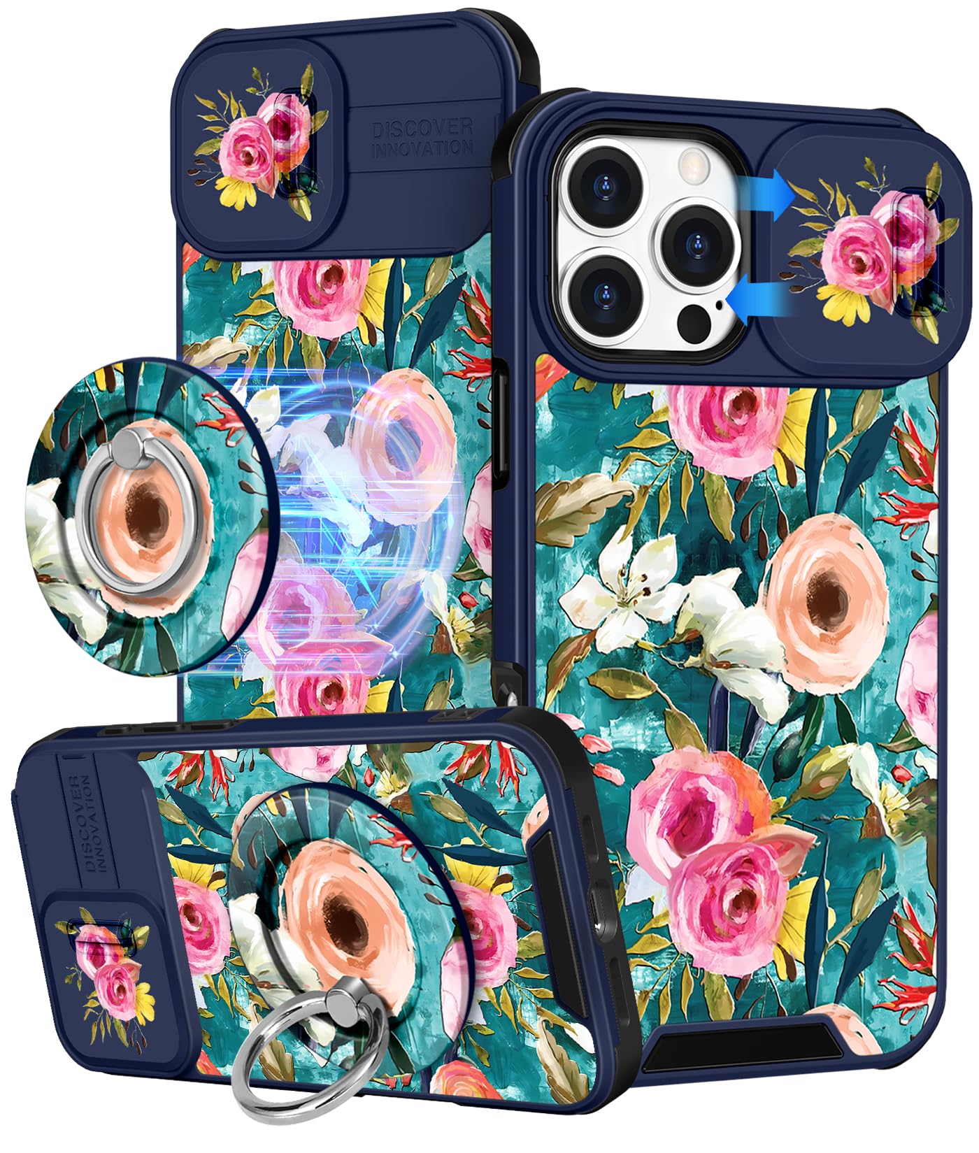Photo 1 of Buleens for iPhone 16 Pro Max Case 6.9 Inch - with Ring Stand & Camera Cover Aesthetic Cute Designed Women Girls Girly Pretty Flowers Kawaii Phone Case for iPhone 16 Pro Max Compatible with Magsafe