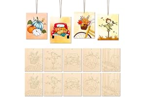 COCHIE 10PCS Large Fall Unfinished Wood Crafts to Paint for Adults Kids, Bulk Predrilled Wooden Ornaments for Painting, Pumpkin Scarecrow Maple Leaf Paintable Wood Slices Craft Supplies with Ropes