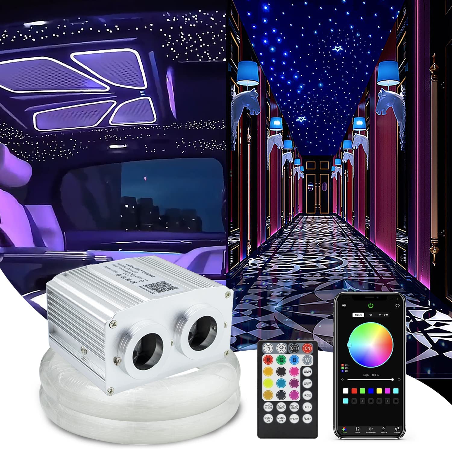 Callsky 16W APP Controlled Car Use Fiber Optic Light Star Ceiling Kit Twinkle, LED RGBW Engine Driver with 28key RF Remote Control (600pcs*0.03in*9.8ft)