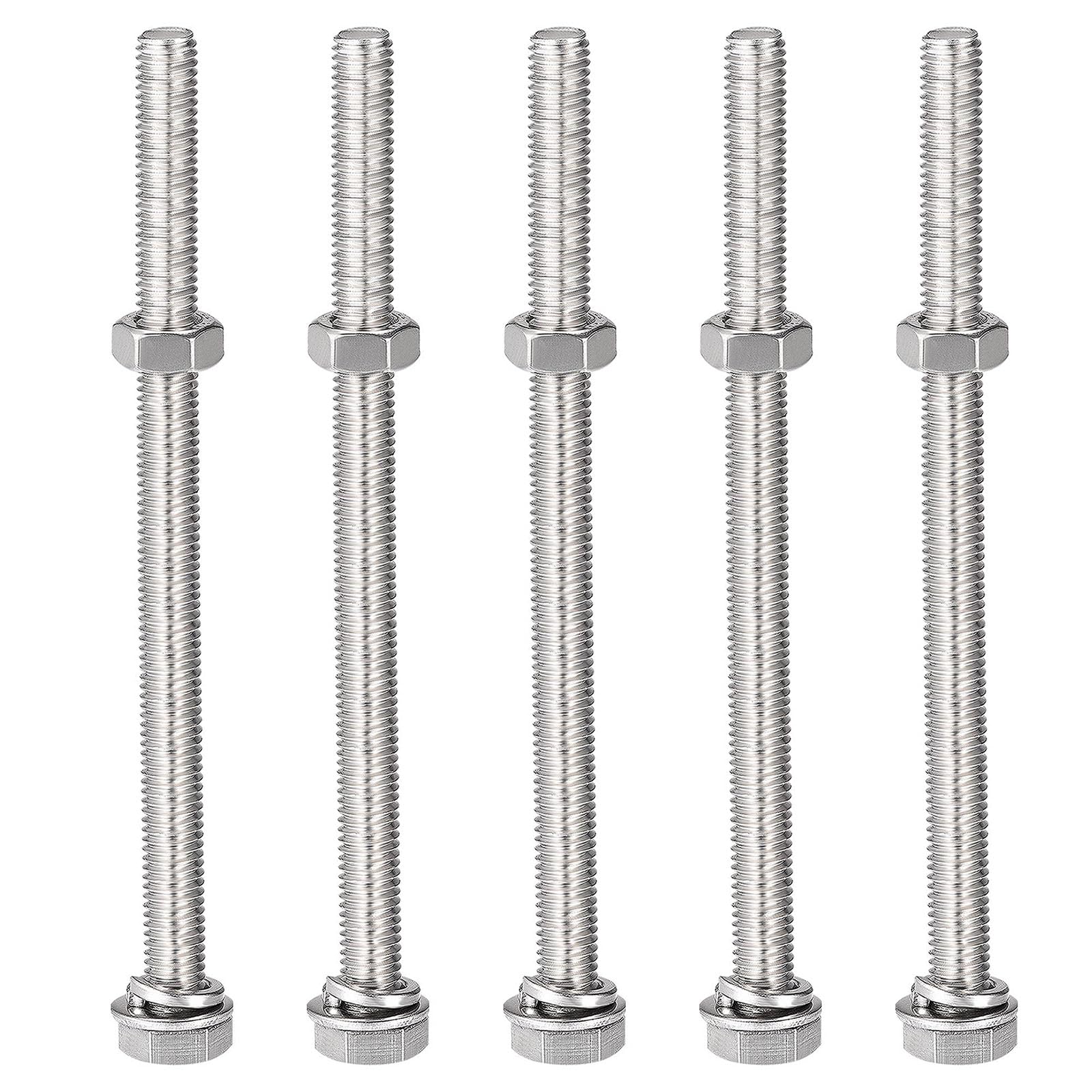 TOP-VIGOR 5Pcs M8 x 120mm Hex Head Screws Bolts, Nuts, Flat & Lock Washers Kits, 304 Stainless Steel Fully Thread Hexagon Bolts for DIY Bike Motorcycles Repair