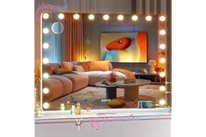 OUBOYO 42''X30'' Vanity Mirror With Bluetooth Speaker, Hollywood Lighted Makeup Mirror with 21 Dimmable LED Bulbs, 3 Color Lighting Modes & Stepless Dimming, 5X Magnification, Tempered Glass, USB & Type-C