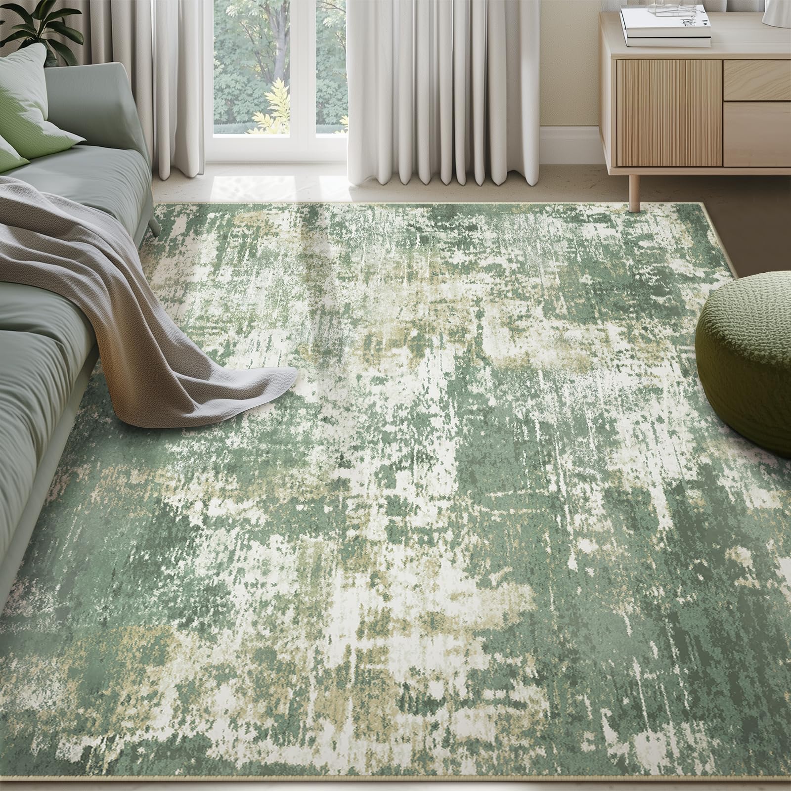 Photo 1 of RELEANY Washable Area Rugs 5'x7' Non-Slip Modern Abstract Soft for Living Room Entryway Bedroom Nursery, Print Pattern, Light Green/Yellow