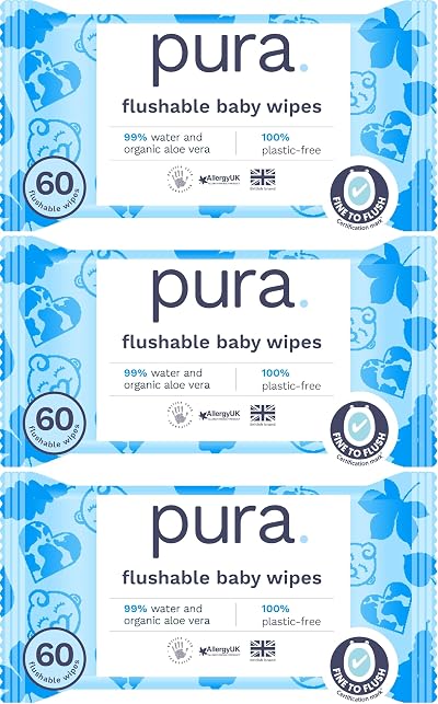 Pura Eco Flushable Baby Wipes 3 Pack 60 Wipes 100% Plastic Free