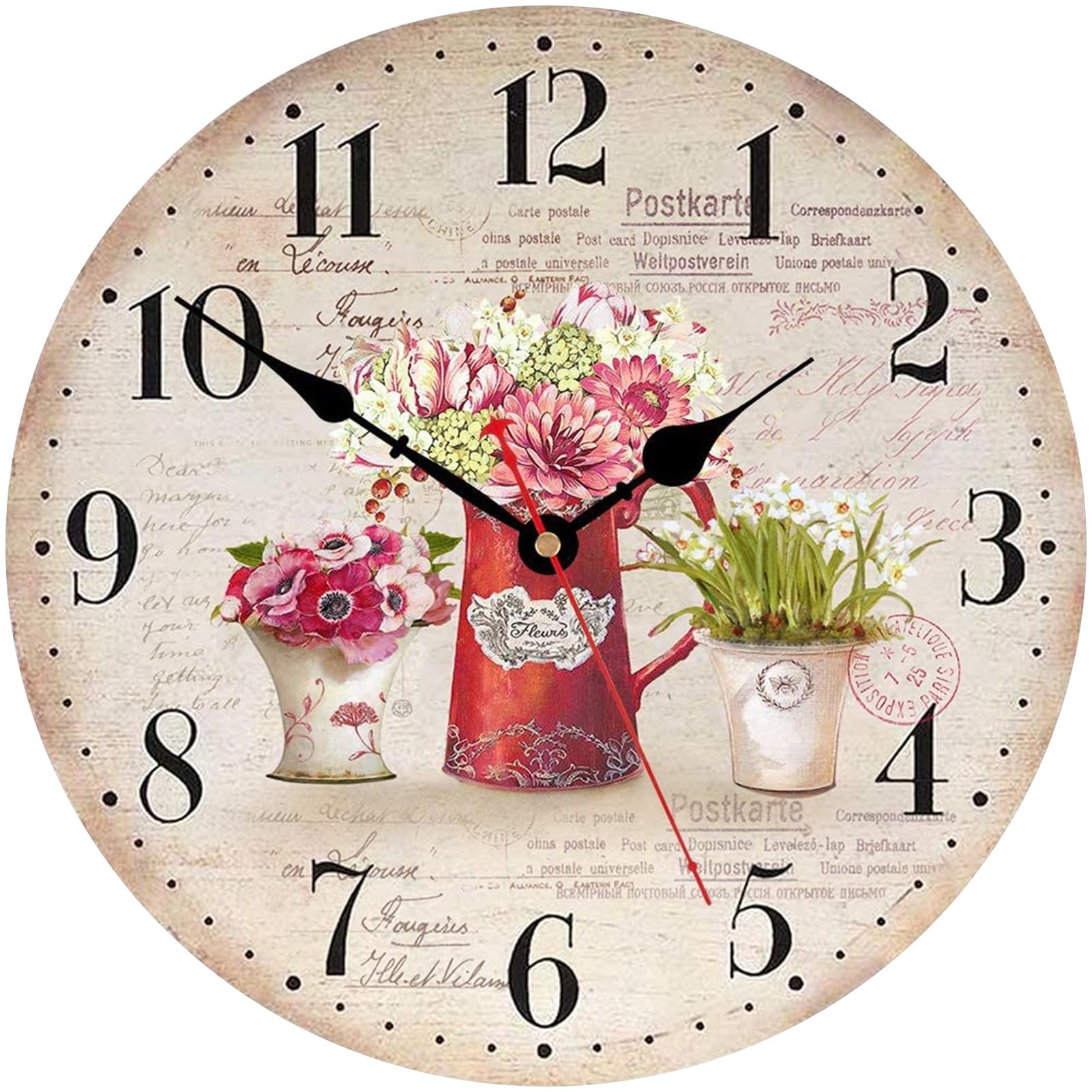 TAHEAT Plants Flowers Wall Clock, Vintage Shabby Chic Wood Kitchen Clock Unusual, Silent Non Ticking Retro Wall Clocks for Living Room Bedroom Bathroom Office, 12 Inch