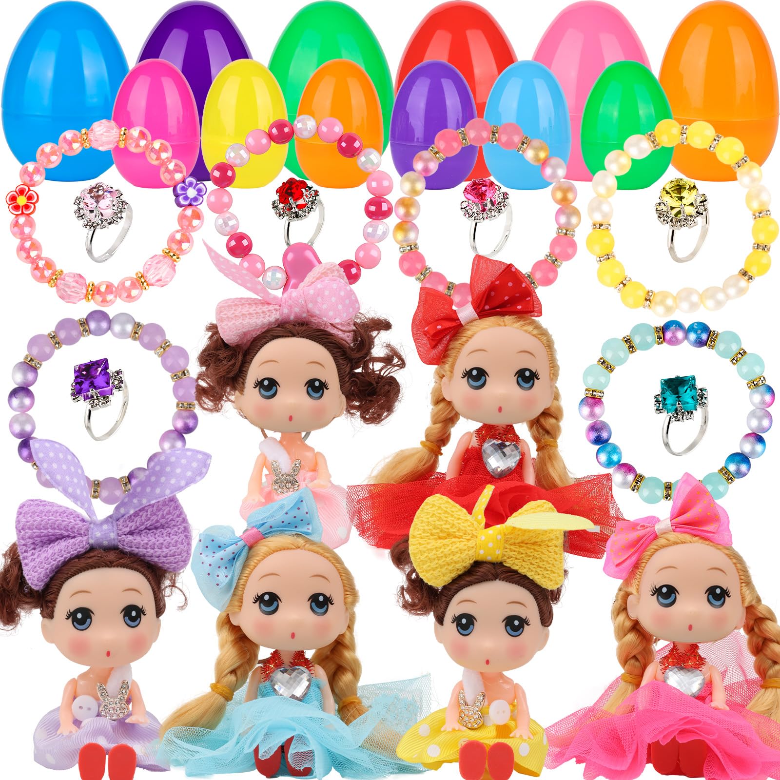 12 Pack Easter Basket Essentials Fillers Gifts with Cute Dolls and Colorful Bracelets Inside, Gifts for Kids Prefilled Easter Egg Stuffers for Toddler Girls Easter Party Favors Surprise Eggs
