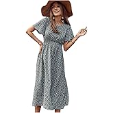 Floerns Women's Casual Floral Print Crewneck Short Sleeve A Line Boho Maxi Dress