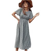WDIRARA Women's Floral Flutter Sleeve Smocked V-Neck Midi Dress - A-Line Flare Summer Dress