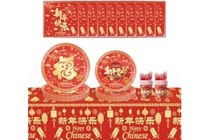 Xugoox 2026 Year of the Horse Chinese New Year Party Tableware Set 60Pcs Red and Gold Disposable Plates Napkins Cups with 1 H