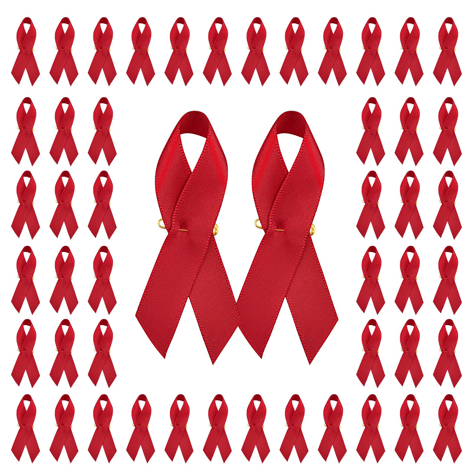 WANDIC 100pcs Satin Ribbon Pins with Safety Pins for Heart Disease, HIV, Drug Prevention and Influence Driving, Red