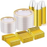 WELLIFE 600 PCS Clear Gold Disposable Dinnerware Set for 100 Guests — Elegant Gold rimmed Plastic Plates, Cups & Cutlery for Weddings, Receptions & Holiday Events, BPA-Free, Clear and Gold