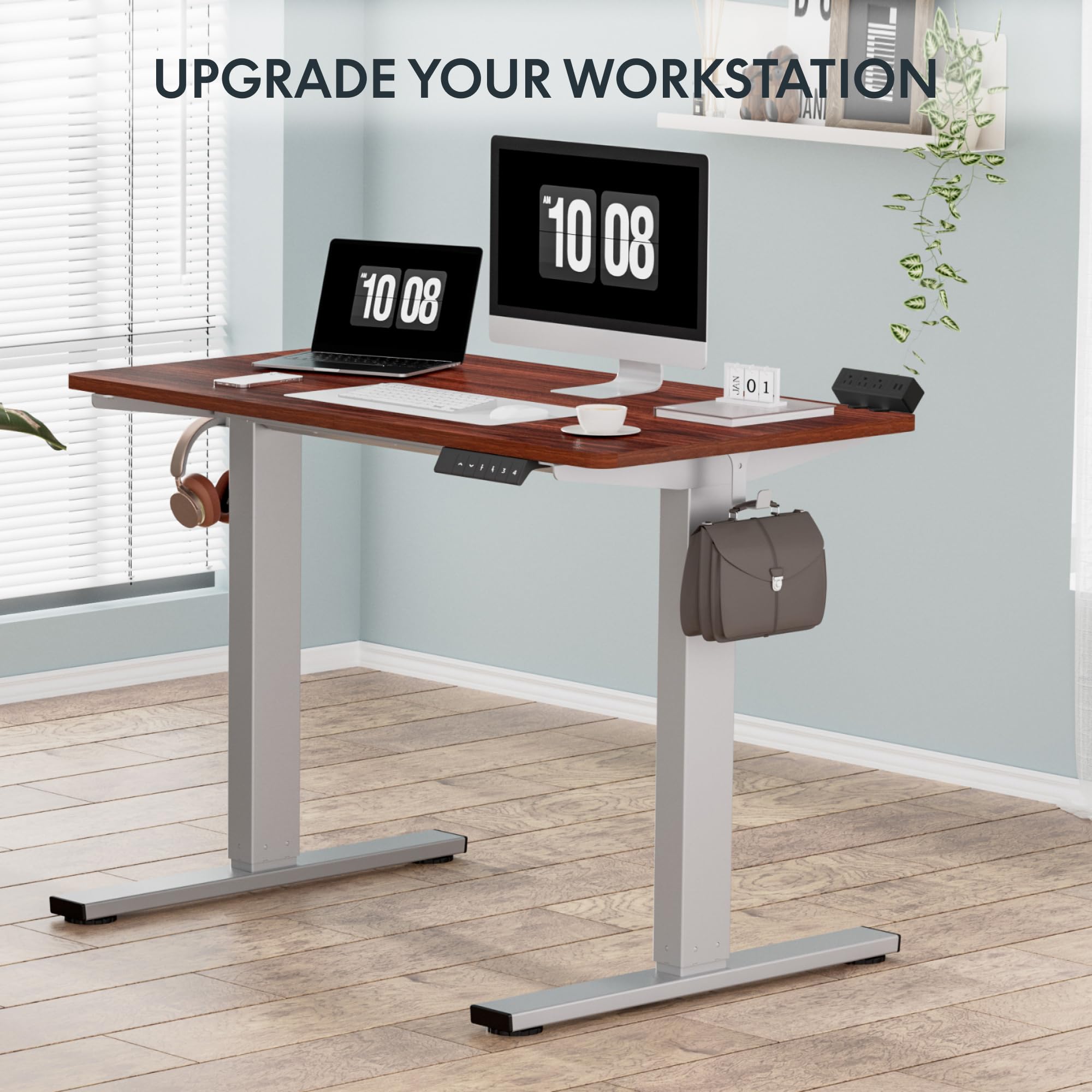 FLEXISPOT EN2 Standing Desk Height Adjustable 48 x 30'' Whole-Piece Desktop Electric Stand Up Desk with Desk Clamp Power Strip, Cable Management (Gray Frame + 48