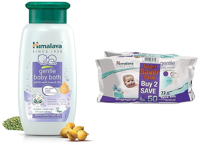 Himalaya Gentle Baby Bath (400ml) and Gentle Wipes (72 Napkins of 2 Packs) Combo