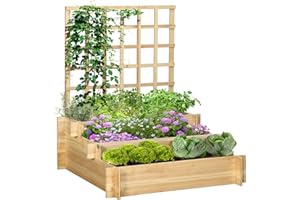 Outsunny 3 Tier Raised Garden Bed with Trellis for Climbing Plants, 43.3" Wooden Elevated Planter Box for Garden, Outdoor to 