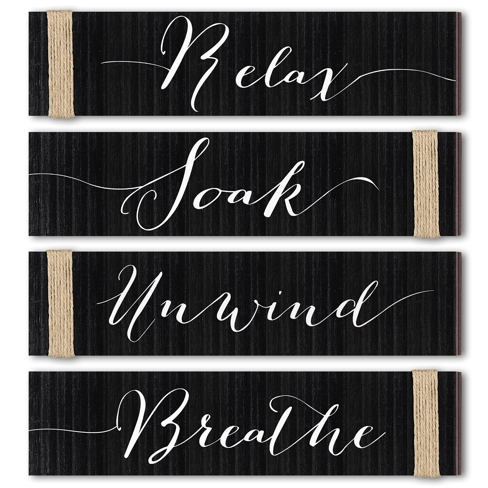 Jetec 4 Pieces Farmhouse Black Bathroom Decor Wall Art Bathroom Sign Rustic Decor Relax Soak Unwind Breathe Wood Sign for Home Spa Bath Decoration, 11. 8 x 3 Inch