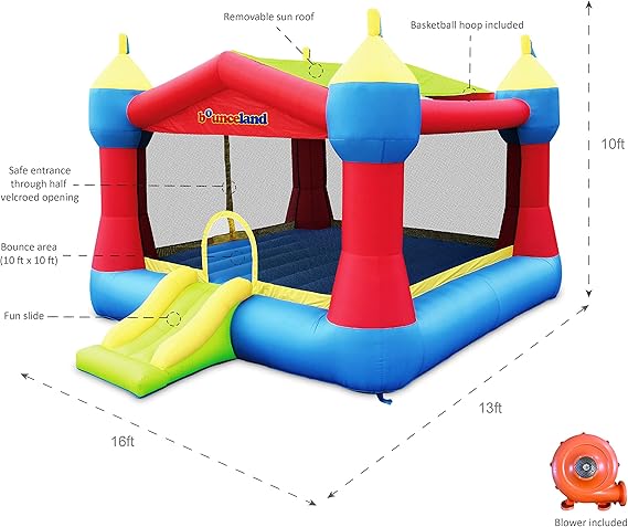amazon com bounceland inflatable party castle bounce house bouncer 16 ft l x 13 ft w x 10 3 ft h basketball hoop removable sun roof ul strong blower included fun slide and bounce bounceland inflatable party castle bounce house bouncer 16 ft l x 13 ft w x 10 3 ft h basketball hoop removable sun roof ul strong blower