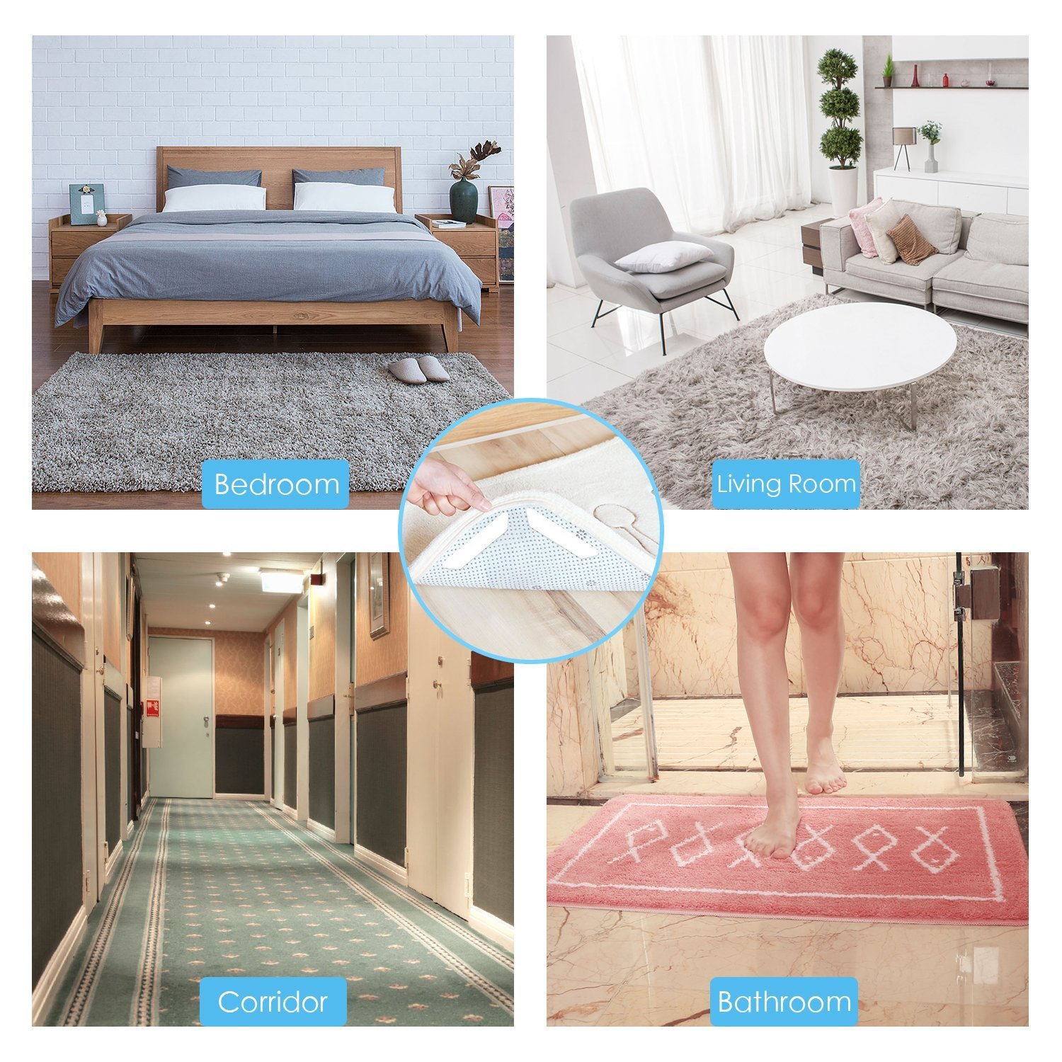 ink-topoint Rug Grippers, 16pcs Anti Curling Carpet Grippers,Non Slip Area Rug Pad with Renewable Carpet Tape for Living Room Kitchen Bathroom-Ideal Anti-slip Rug Pad for Hardwood/Linoleum