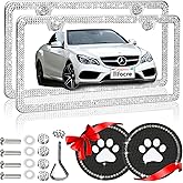 Rfocre Bling License Plate Frames for Women Sparkly Rhinestone License Plate Frame Diamond Car License Plate Cover Glitter Bedazzled License Plate Holder 2 Pack with Bling Cup Coasters