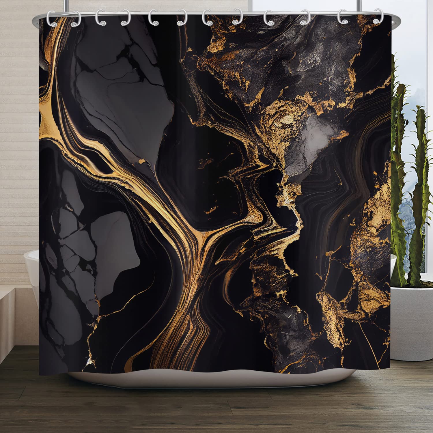 ASDCXZ Marble Shower Curtain Black Gold 180x180 cm, Modern Abstract Black Gold Marble Optic Texture Washable Bath Shower Curtains Polyester Textile Waterproof Shower Curtain for Bathtub with 12 Hooks — image 1
