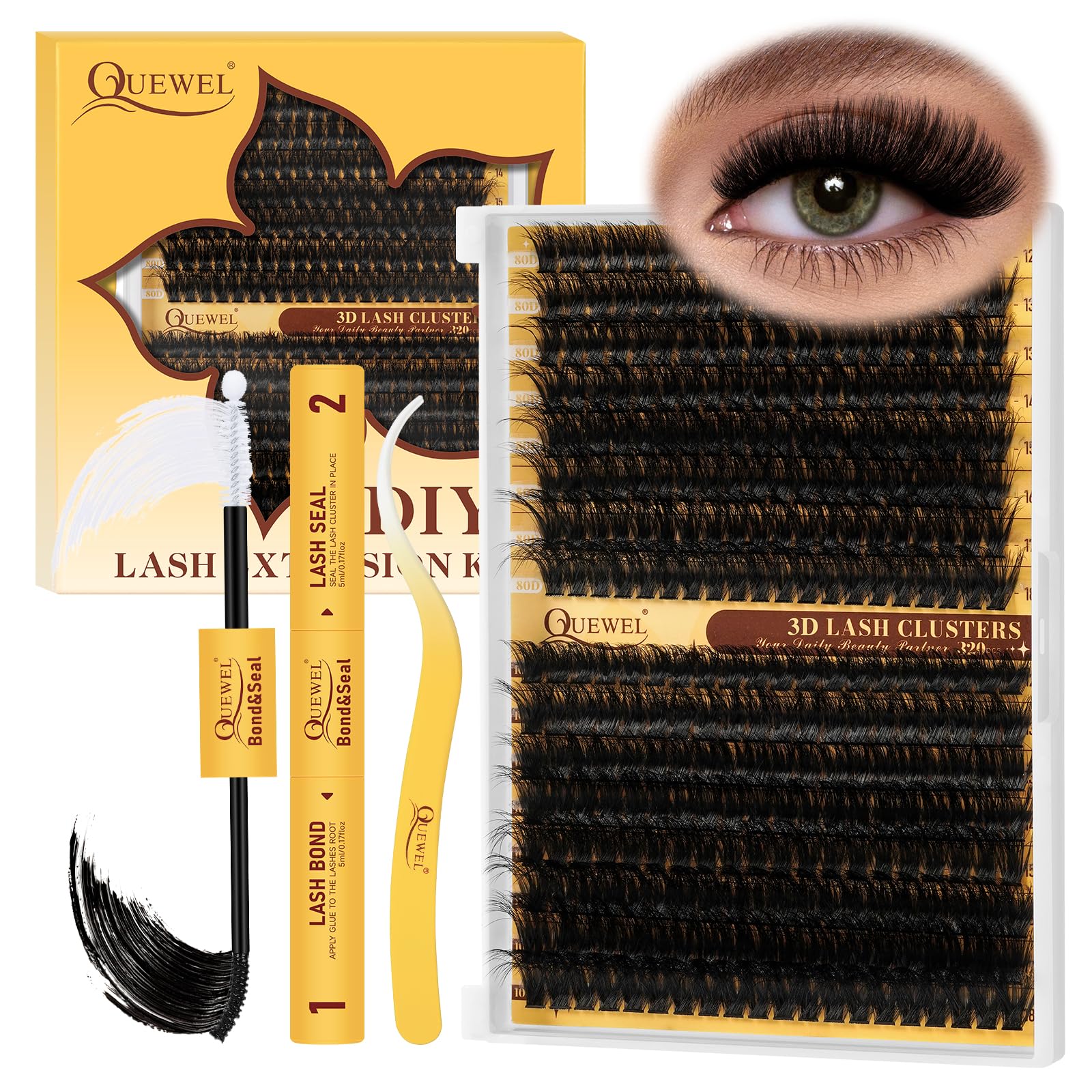 QUEWEL Lash Extension Kit 320Pcs 80D+100D Fluffy Cluster-Lashes Mix 12-18mm Thick Eyelash-Clusters Bond and Seal Lash Kit and Lash Tweezers Easy DIY at Home(80D+100D Fluffy Kit)