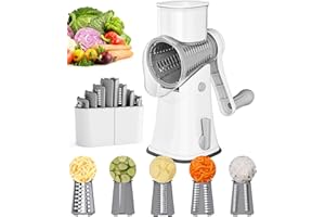 Ourokhome Rotary Cheese Grater Shredder, Multifunction 5 in 1 Kitchen Manual Speed Round Mandolin Food Slicer Vegetable Shooter Potato Hashbrown Grinder for Nut, Carrot, Radish, Cucumber, White…
