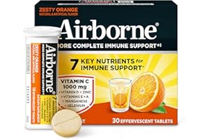 Airborne 1000mg Vitamin C with Vitamin D & Zinc, Sugar Free Multivitamin Immune Support Supplement, Antioxidants Vitamins A C & Vitamin E, 30 Effervescent Tablets, Zesty Orange Flavor