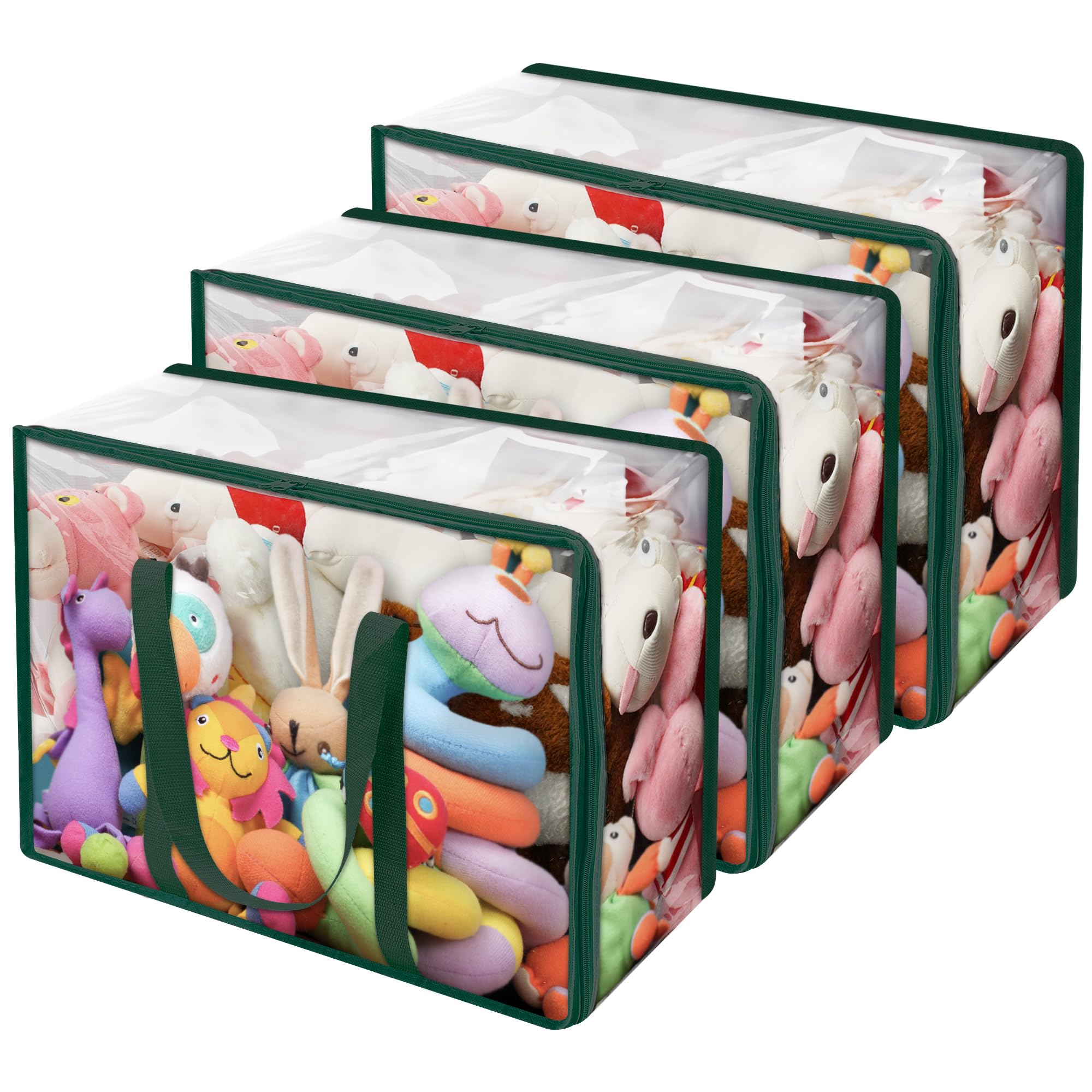 Vieshful Clear Clothes Storage Bag Organizer with Green Reinforced Handle, 18.1 X 15 X 9.1 in, Storage Bag for Comforter, Blanket, Bedding, Duvet, Transparent Moving Totes with Sturdy Zipper, 3 Pack