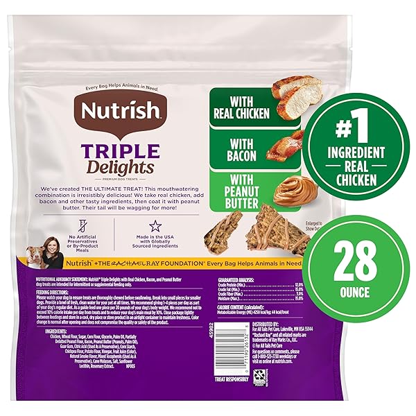 NUTRISH TRIPLE DELIGHTS PREMIUM DOG TREATS FOR DOGS WITH REAL CHICKEN, BACON, AND PEANUT BUTTER, 28 OZ. POUCH