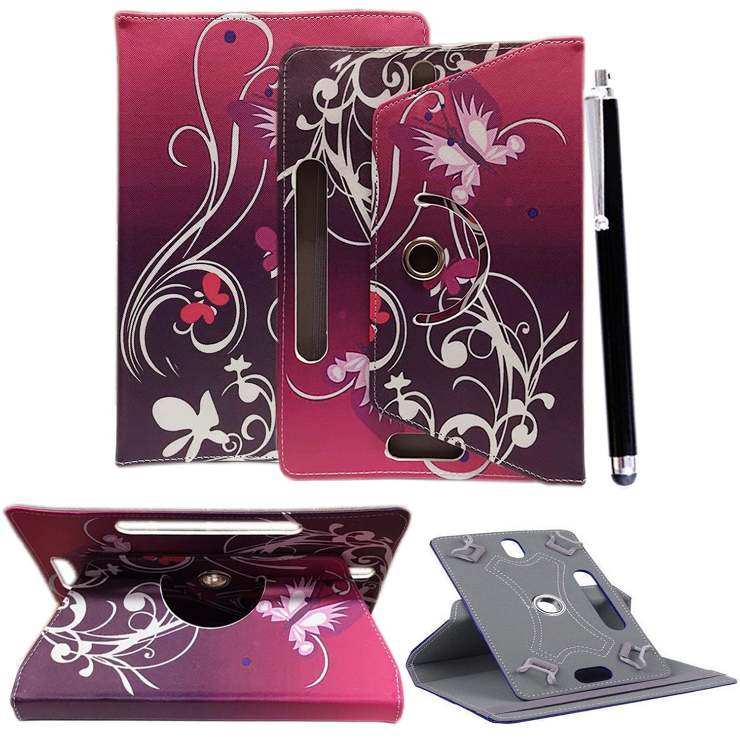 Universal 360° Rotational Colourful Various PU Leather Stand Case Cover Fits All 7" Inch Android Tablets tab devices + Free Stylus Pen (BUTTERFLY PURPLE)