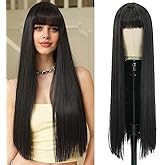 7JHH WIGS Long Straight Natural Black Wig with Bangs Heat Resistant Fiber Layered Synthetic Long Straight Wig for Cosplay Christmas Gifts Party Used
