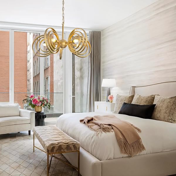 TOCHIC MODERN CHANDELIER FOR DINING ROOM,5-LIGHT GOLD METAL CHANDELIER,MID CENTURY CHANDELIERS,RINGS FARMHOUSE CEILING LIGHT FIXTURE FOR BEDROOM,LIVING ROOM,KITCHEN ISLAND,ENTRYWAY,FOYER 26.3″ D