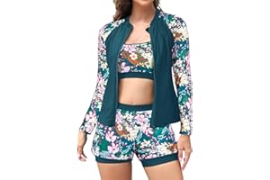 SHEKINI Women's 3-Piece Zipper Rash Guard Swimsuits with Tank Bikini Top & High Waist Boyshort