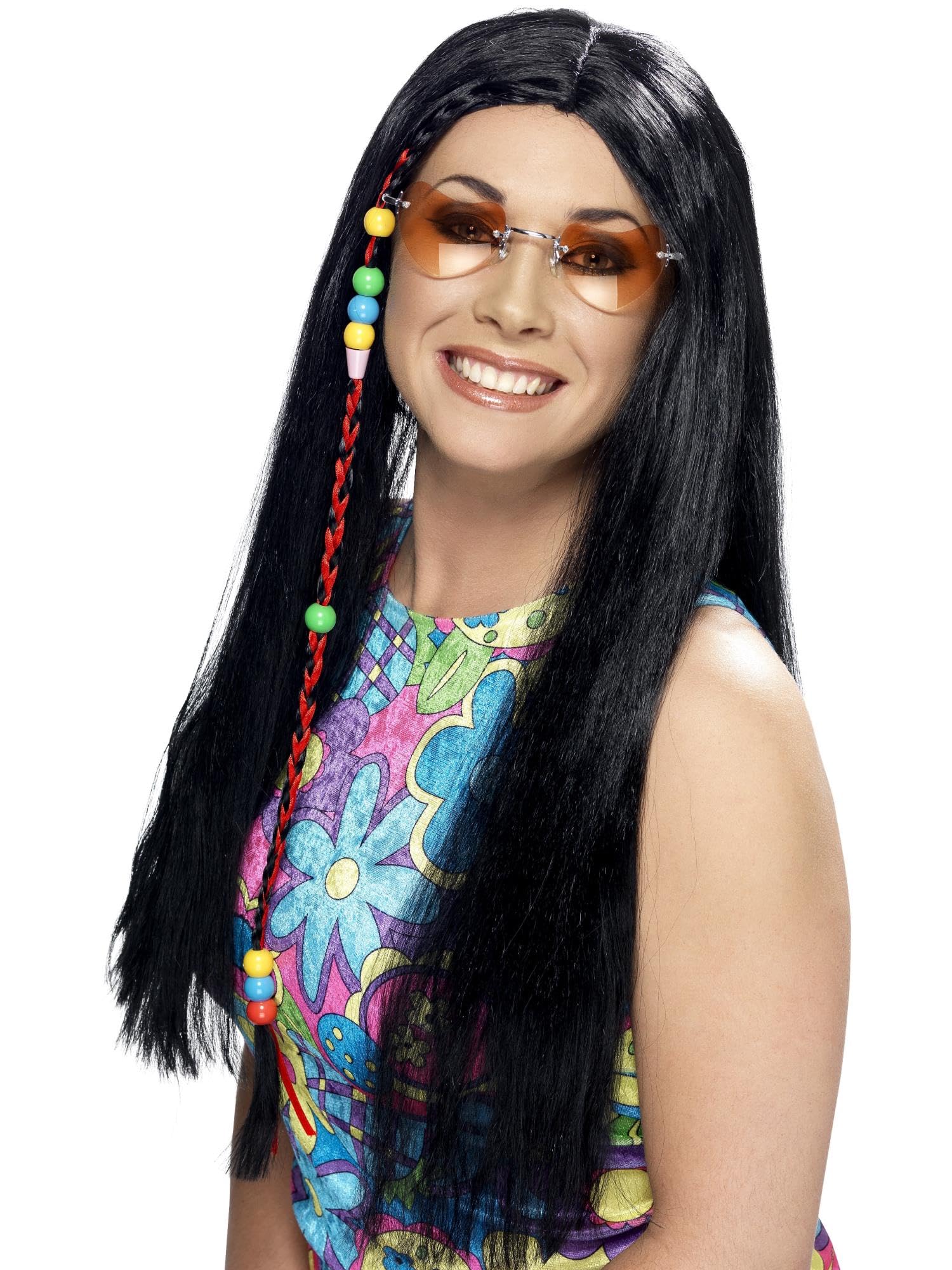 Hippy Party Wig Black Long With Coloured Beads