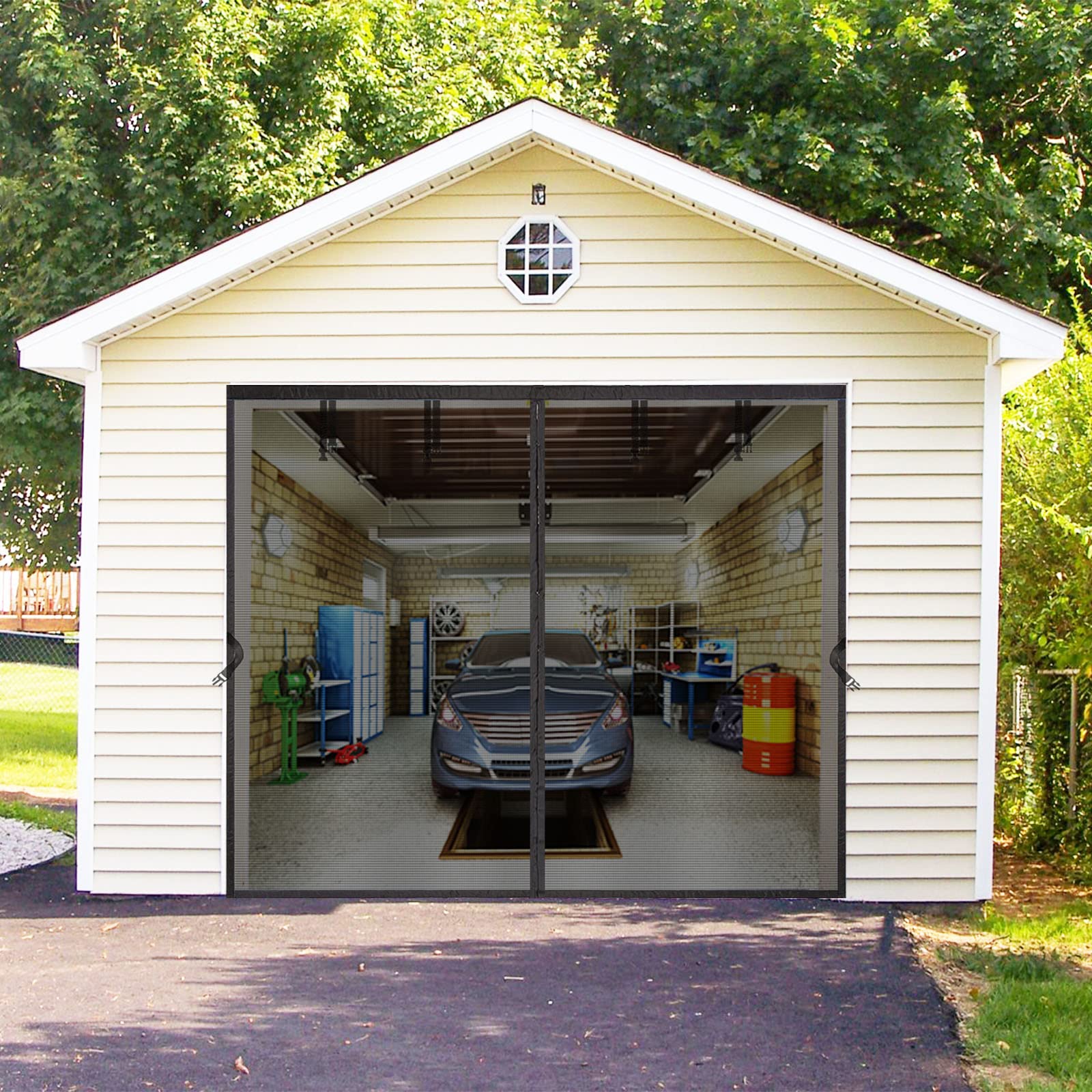 Photo 1 of SANJINFON Retractable Garage Door Screen for 1 Car Garage 12x7 FT - Magnetic Fiberglass Mesh with Heavy Duty Weighted Bottom, Hands Free Design, Easy Assembly- Great for 12x7ft Patio, Sun Room, Gym