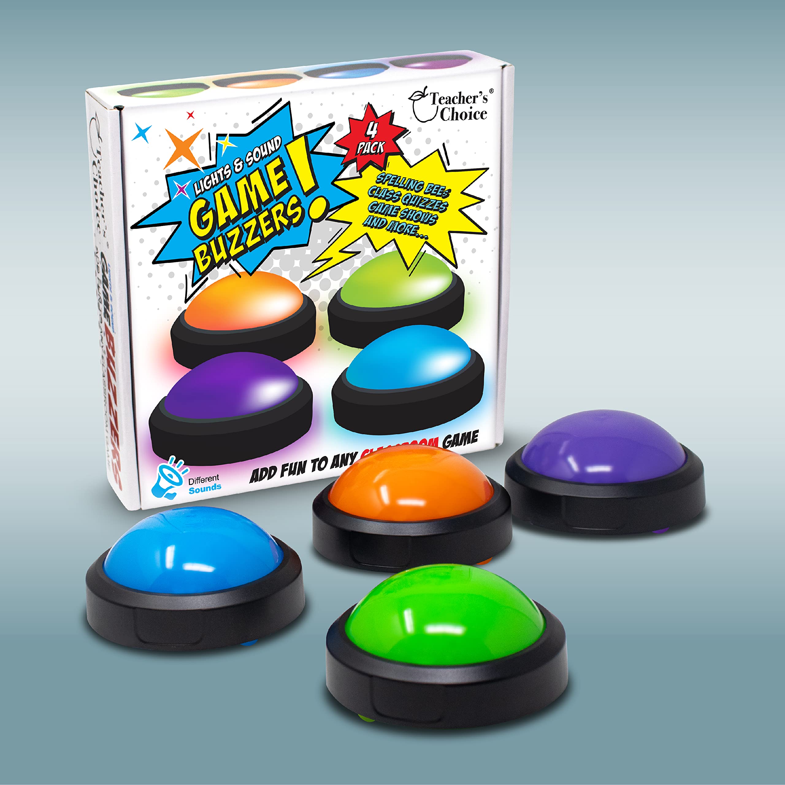 Teacher's Choice 4 Pack Light Up Game Buzzers with Unique Loud Sounds for Each Buzzer | Great for Trivia Games, Family Feud, Jeopardy, Competition, Spelling Bees and More