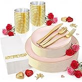 YOUBET 175PCS Pink Plastic Plates - Pink and Gold Disposable Plates Include 50 Plastic Plate, 75 Silverware, 25 Cups, 25 Napkins for Wedding & Party & Birthday Valentines Day