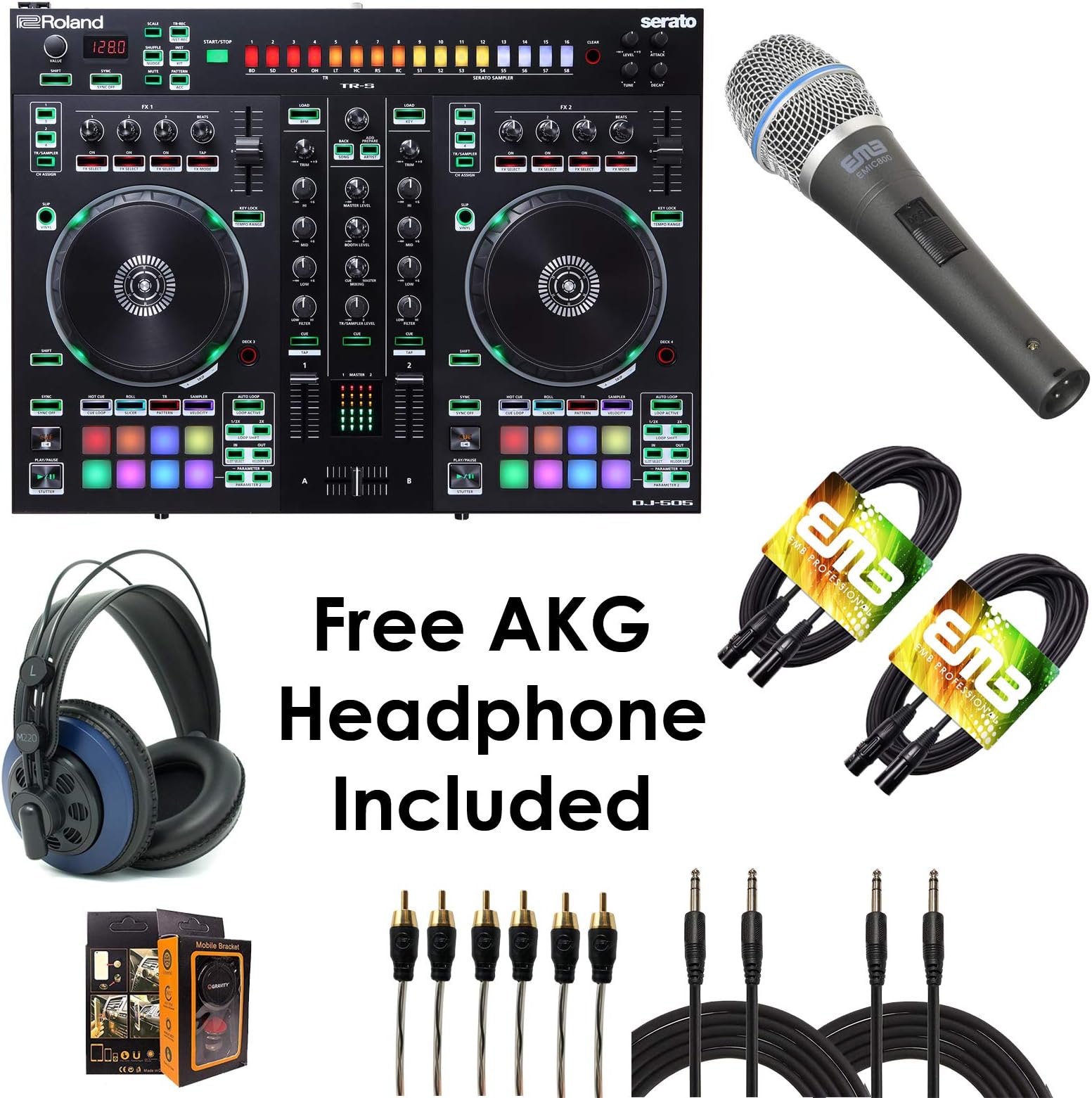 Roland PKG DJ-505 Two Channel, Four-Deck Serato DJ Controller – Package Bundle with EMIC800 Microphone, 3x RCA Cable, 2x XLR Cable, 2x QTQ Cable, and Free Blue Headphone & Mobile Bracket