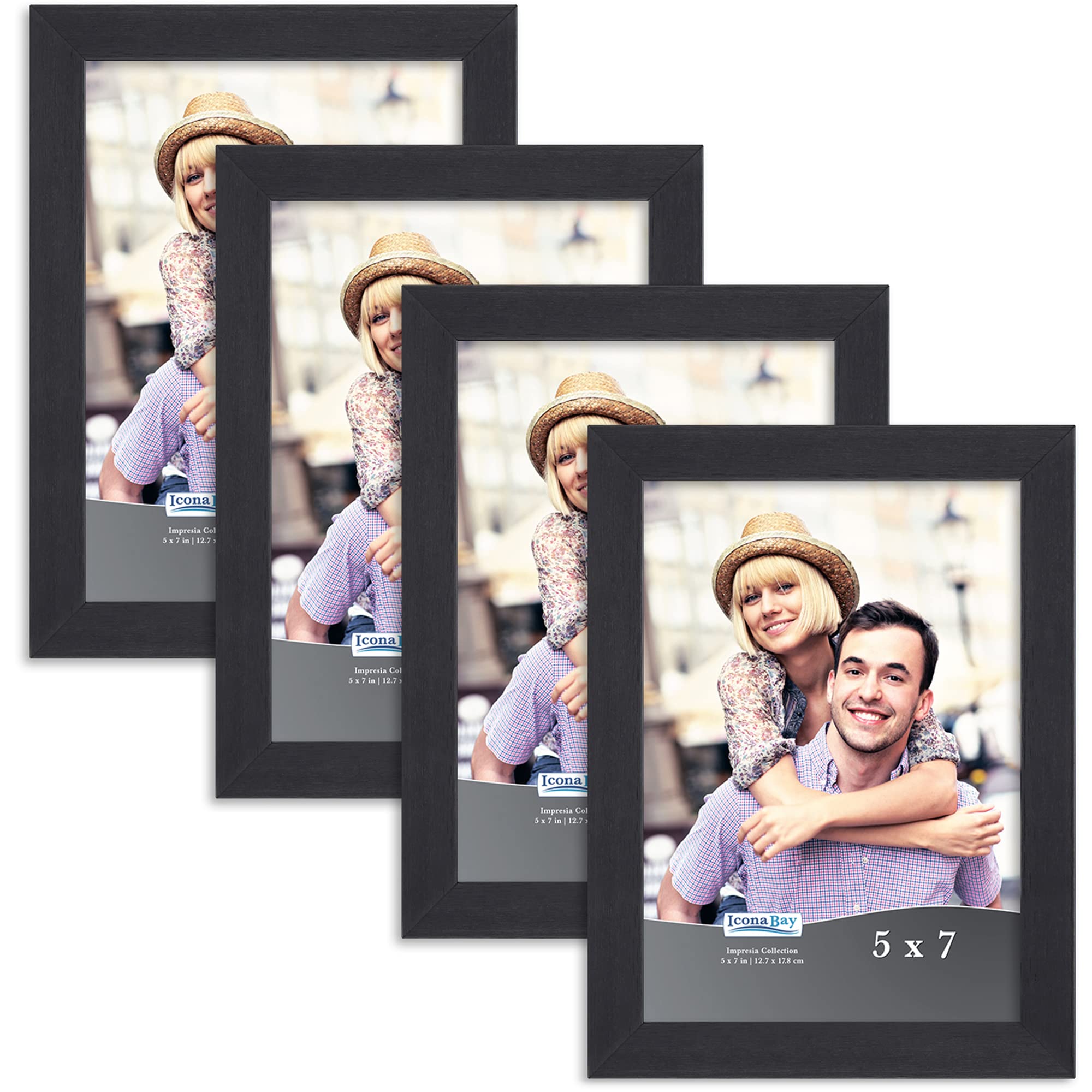 Icona Bay 7x5 Picture Frame Set (Black, 4 Pack), Simple Modern Design, Table Top Kickstand and Wall Hanging Hooks Included, Impresia Collection