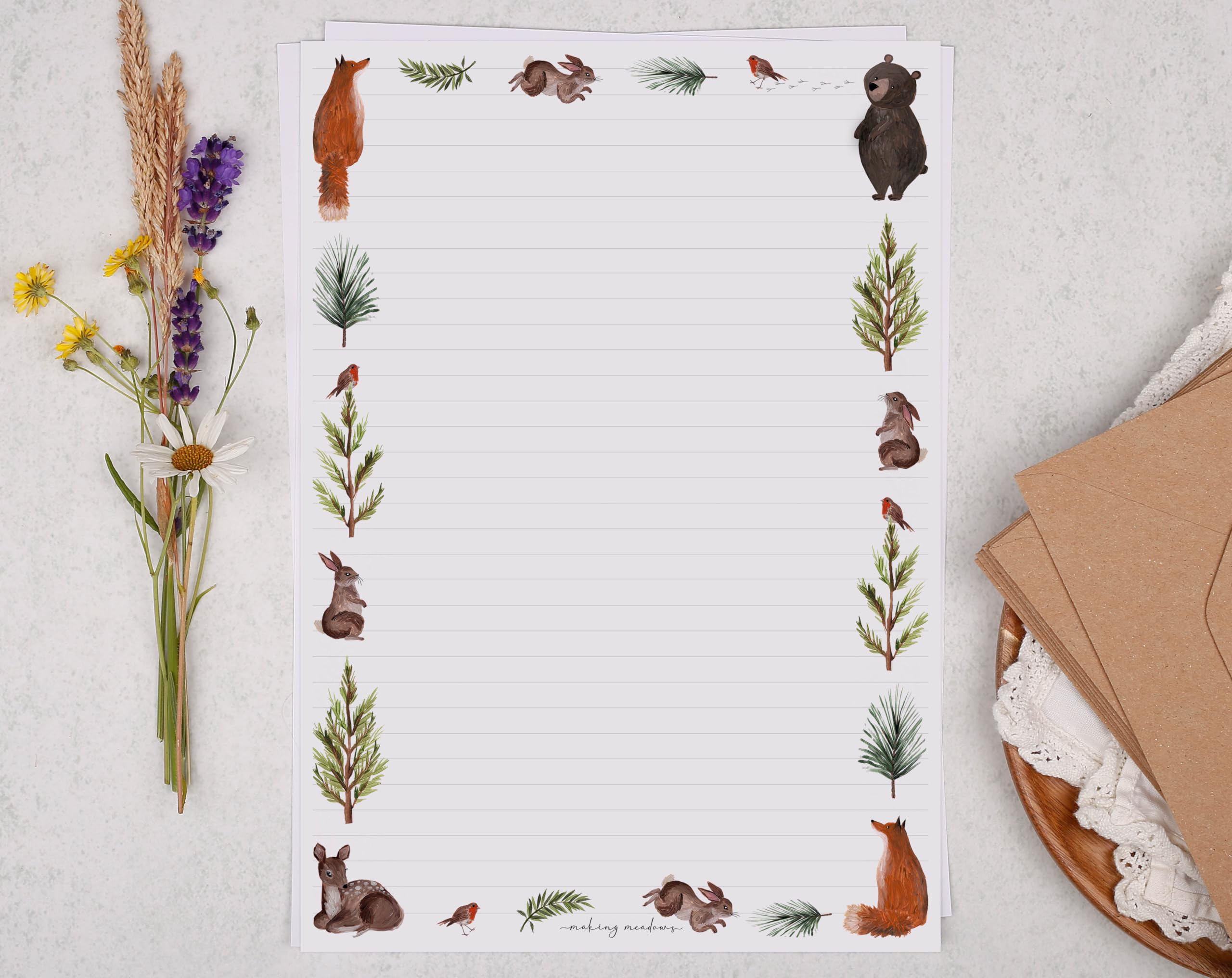 Making Meadows A4 Luxury Writing Paper Set Woodland Bear Design (20 Sheets & 10 Envelopes), Perfect for Letter Writing, Lined Writing Paper and Envelopes