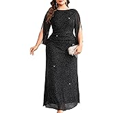 CYCLAMEN Plus Size Sparkly Evening Dress 3/4 Petal Sleeve V-Back Ruched Maxi Gown for Wedding Guest Mother of The Bride