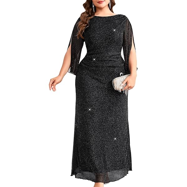 Amazon.com: CYCLAMEN Plus Size Sparkly Formal Dress Cape Sleeve V Neck A  Line Side Split Maxi Evening Gown Wedding Guest Prom Dresses, Black, 0X :  Clothing, Shoes & Jewelry