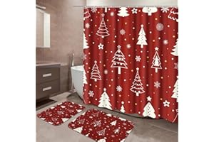 ARTSOCKET Merry Christmas Bathroom Sets with Shower Curtain and Rugs and Accessories, Christmas Trees Shower Curtain Sets, Red Xmas Shower Curtains for Bathroom, Snowflakes Bathroom Decor 3 Pcs