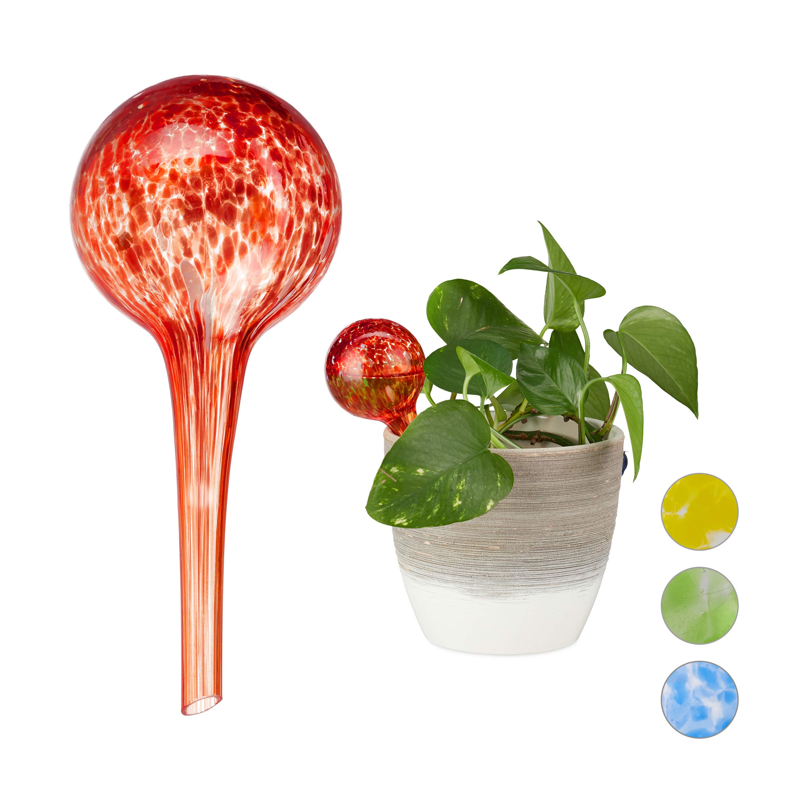 Relaxdays Watering Globes Set of 2, Regulated Irrigation for Plants & Flowers, Office & Holiday Watering Aid, Glass, Red,10025455_47