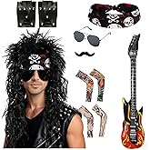 cnomg Rocker Costume for Men Punk Accessories Costume Disco Wig Headband Sunglasses Tattoo Sleeve Gloves Inflatable Guitar for Punk Rock Party