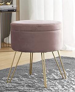 Ornavo Home Modern Round Velvet Storage Ottoman Foot Rest Stool/Seat with Gold Metal Legs & Tray Top Coffee Table - Blush