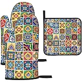 Mexican Talavera Tile Oven Mitts and Pot Holders Sets of 3, Heat Resistant Non-Slip Polyester Colorful Talavera Kitchen Gloves Gifts for Cooking Lovers, Vibrant Kitchen Decor for Baking BBQ Cooking