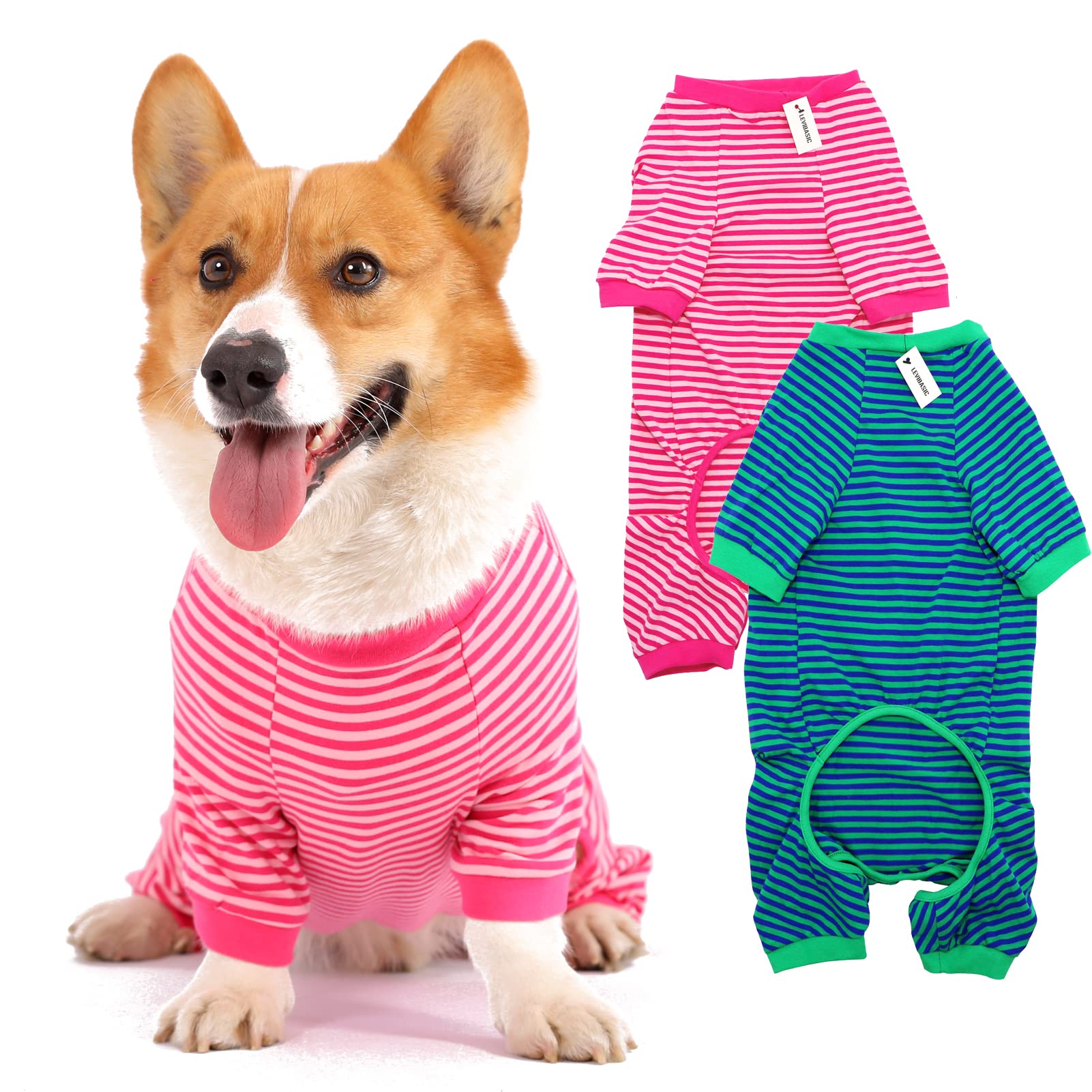 Photo 1 of Dog Pajamas Cotton Striped Pup Jumpsuit, Breathable 4 Legs Basic Pjs Shirts for Puppy and Cat, Super Soft Stretchable Dog Jammies for Boys and Girls (Medium, Pink+Green)