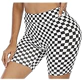 WSPLYSPJY High Waist Biker Yoga Shorts for Women's Black and White Checkered Athletic Running Workout