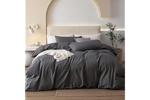 JIYUAN 100% Washed Cotton Duvet Cover Set Comfy Simple Style Soft Breathable Textured Durable Linen Feel Bedding for All Seasons Twin/Twin XL, Solid Dark Grey